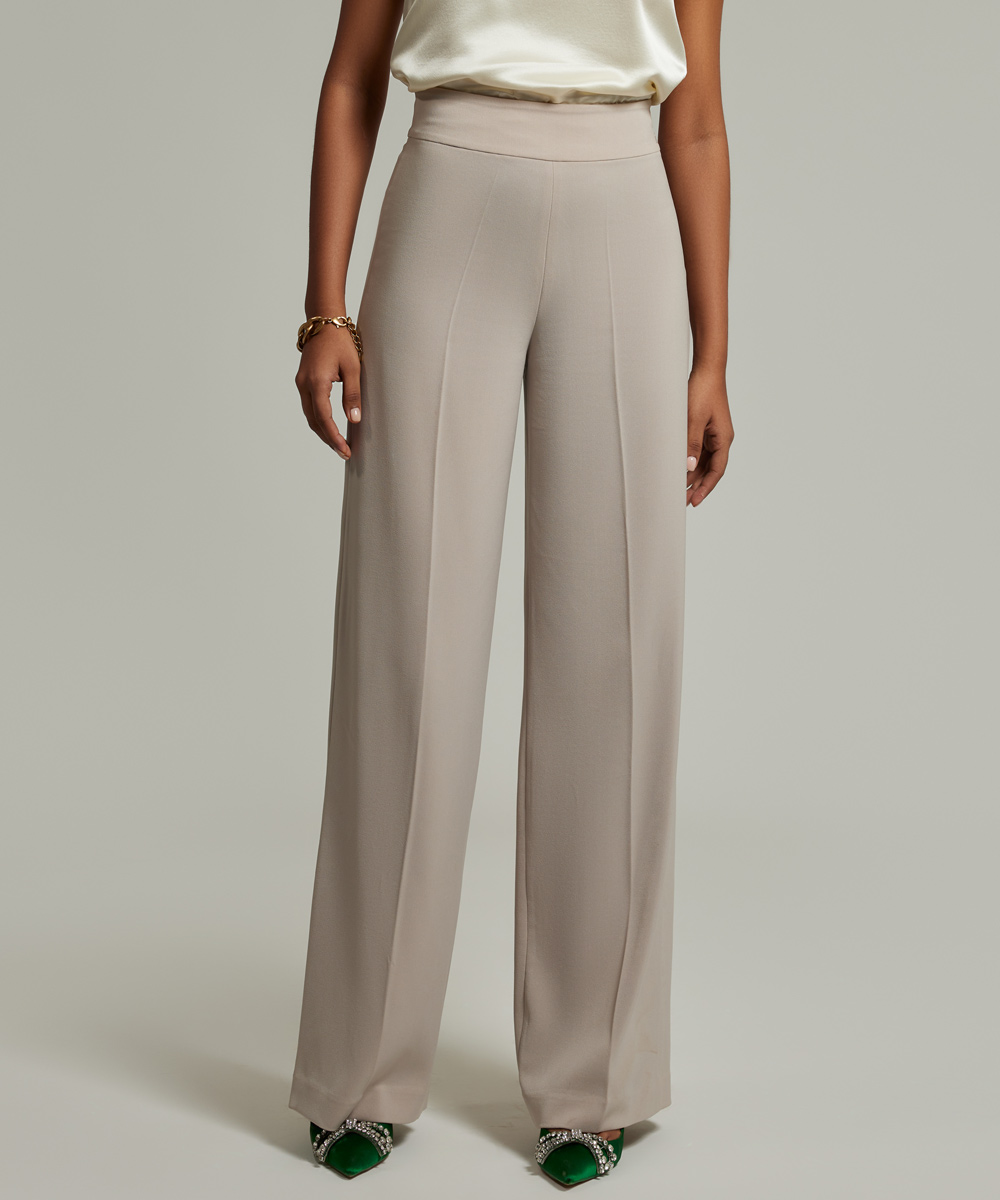 Beige Stretch Suiting Wide-Leg Trousers