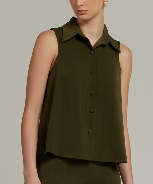 Military Green Stretch Suiting Sleeveless Top