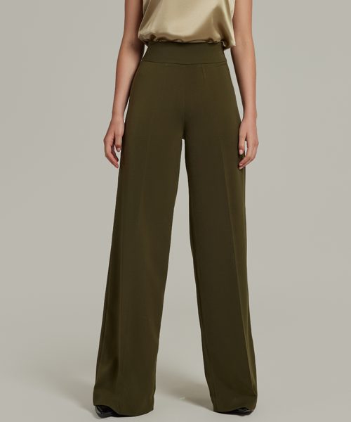 Military Green Stretch Suiting Wide-leg Trousers