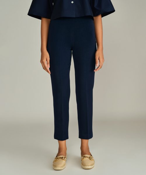 Navy Blue Stretch Suiting Cigarette Trousers