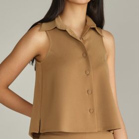 Camel Stretch Suiting Sleeveless Top