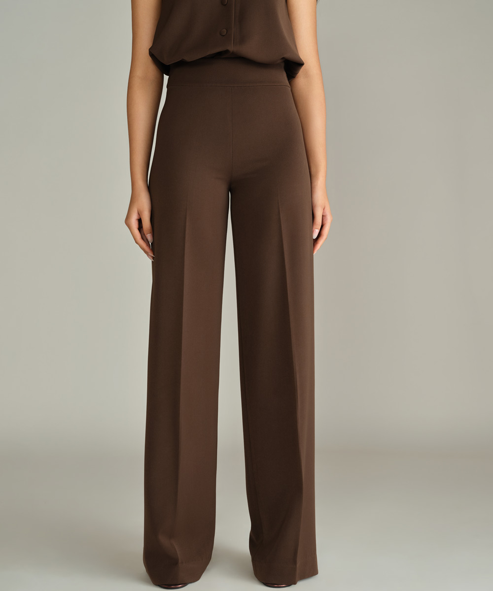 Chocolate Brown Stretch Suiting Wide-Leg Trousers