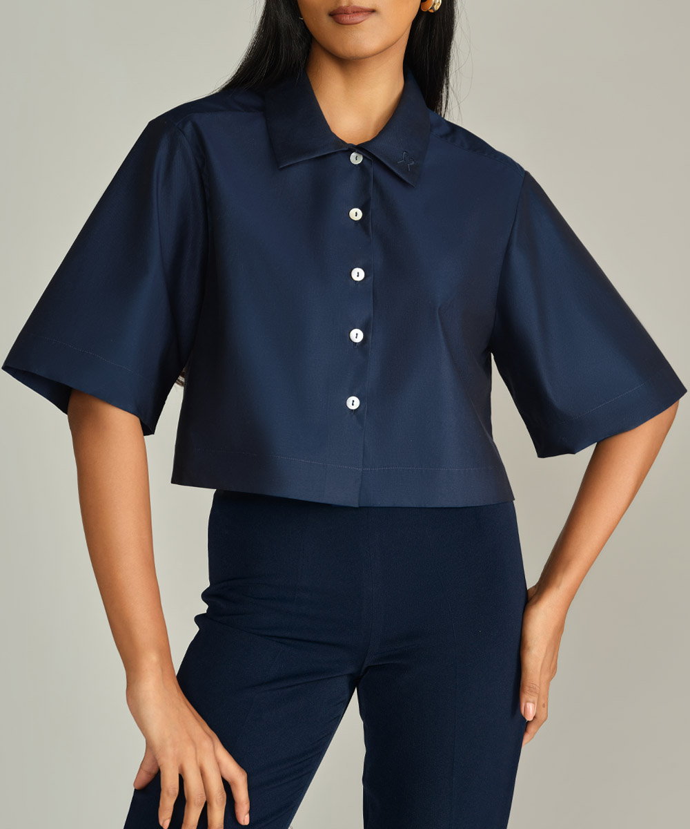 Navy Blue Egyptian Cotton Cropped Bowling Shirt