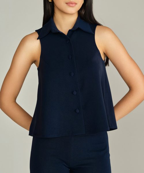 Navy Blue Stretch Suiting Sleeveless Top