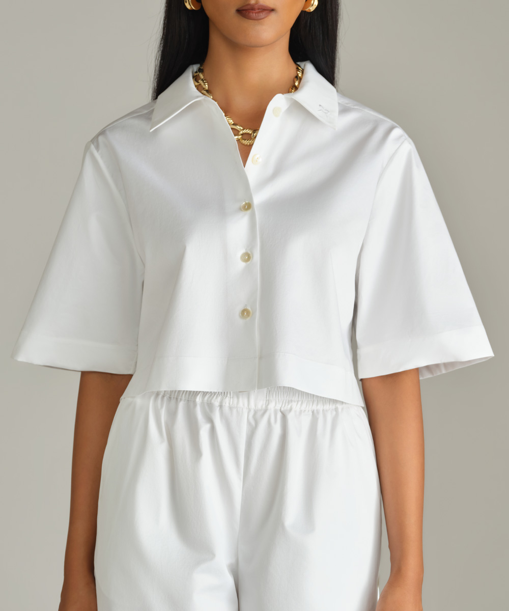 White Egyptian Cotton Cropped Bowling Shirt