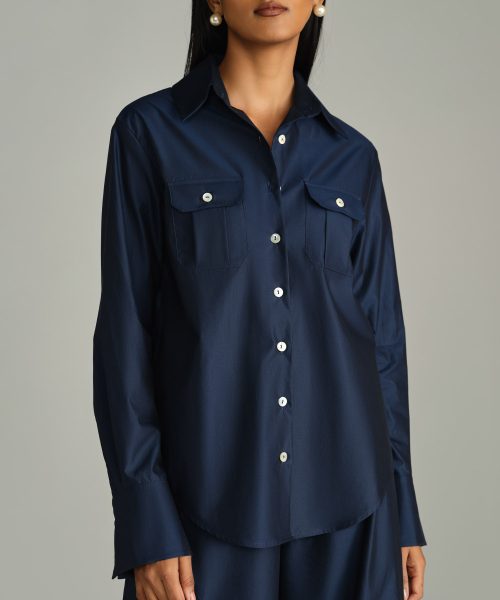 Navy Blue Egyptian Cotton Oversized Long-Sleeved Shirt