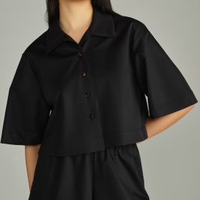 Black Egyptian Cotton Cropped Bowling Shirt
