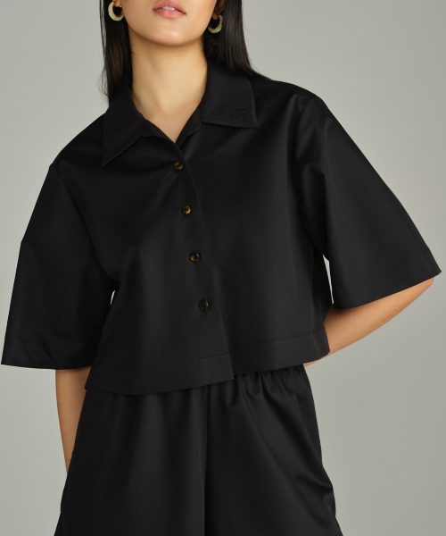 Black Egyptian Cotton Cropped Bowling Shirt