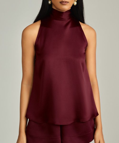 Burgundy Silk Tie-Neck Top