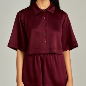 Burgundy Silk Cropped Bowling Shirt