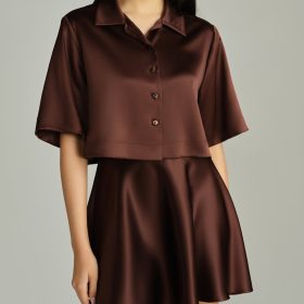 Espresso Silk Cropped Bowling Shirt