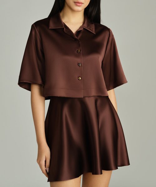 Espresso Silk Cropped Bowling Shirt