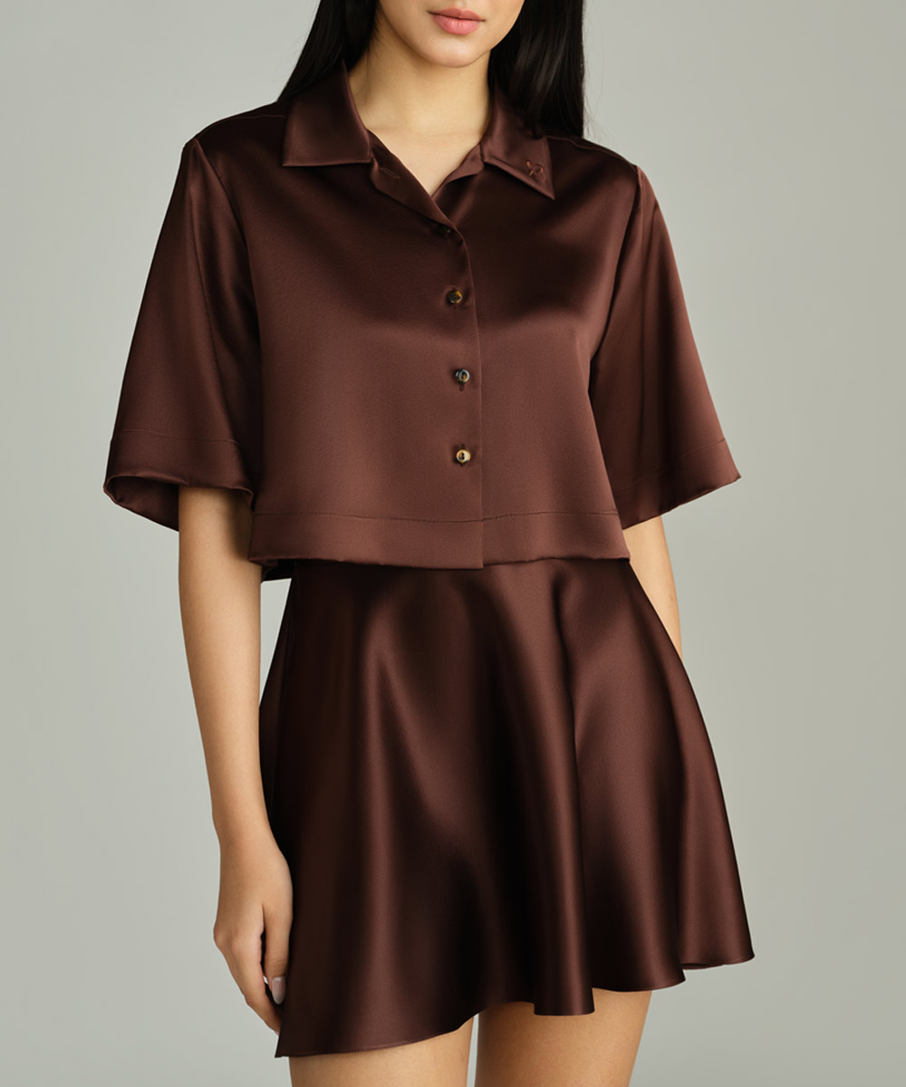 Espresso Silk Cropped Bowling Shirt