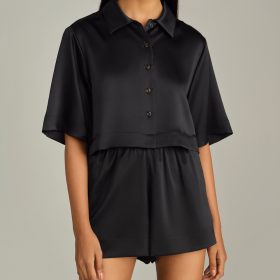 Black Silk Cropped Bowling Shirt