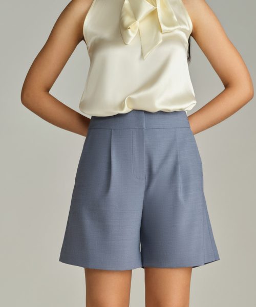 Blue Suiting Pleated Shorts