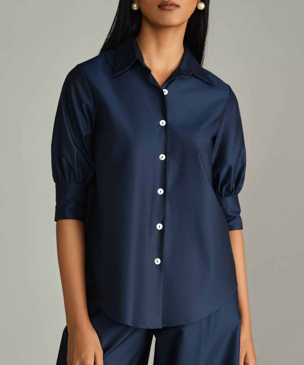 Navy Blue Egyptian Cotton Short-Sleeved Shirt