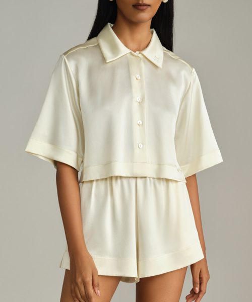 Cream Silk Cropped Bowling Shirt
