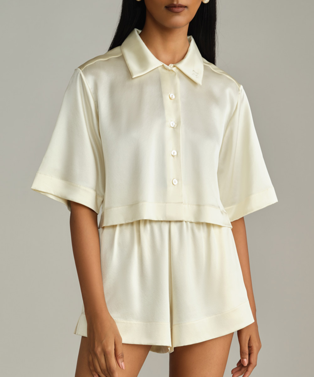 Cream Silk Cropped Bowling Shirt