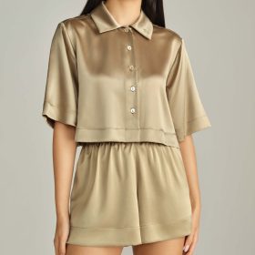 Olive Silk Cropped Bowling Shirt