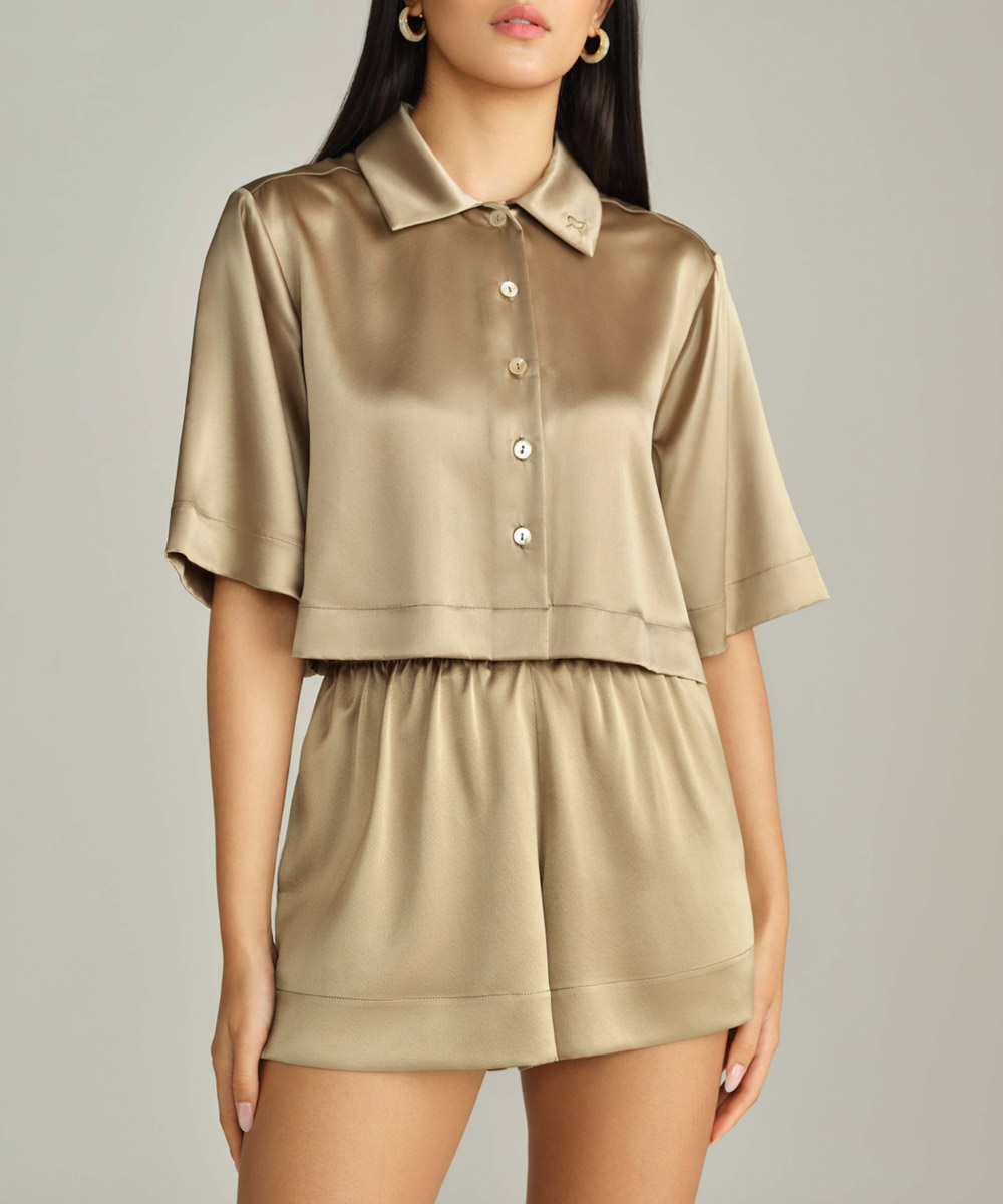 Olive Silk Cropped Bowling Shirt