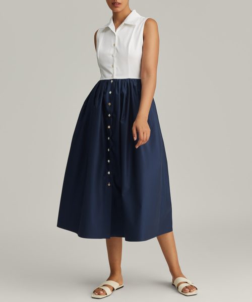 White and Navy Egyptian Cotton Long Tennis Dress